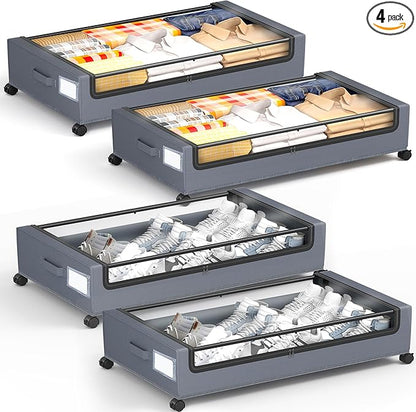 YEEBONIX Under Bed Storage with Wheels, Square Under Bed Storage Containers, 4 Pack Under The Bed Storage Bins, Under Organizer with Clear Lids-60L Rolling Underbed Storage For Clothes, Shoes...
