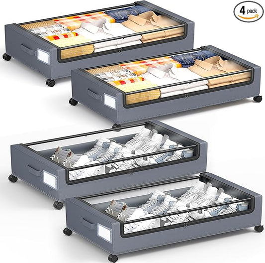 YEEBONIX Under Bed Storage with Wheels, Square Under Bed Storage Containers, 4 Pack Under The Bed Storage Bins, Under Organizer with Clear Lids-60L Rolling Underbed Storage For Clothes, Shoes...
