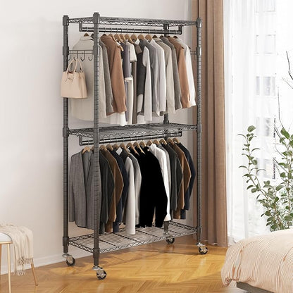 BATHWA Heavy Duty Garment Racks,35.5" D x 16.5" W x 80.7" H, Rolling Clothes Rack with Shelves Wheels 2 Rods for Shirt Clothing Hanging Tall Wardrobe Closet Multifuctional for Bedroom Laundry balcony