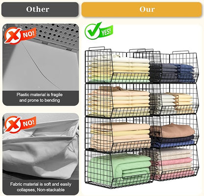 4-Tier Stackable Closet Organizers and Storage Shelves, Foldable Closet Shelf Organizer System, Space-Saving Clothes Storage Drawer Organizer Basket Bins, Black