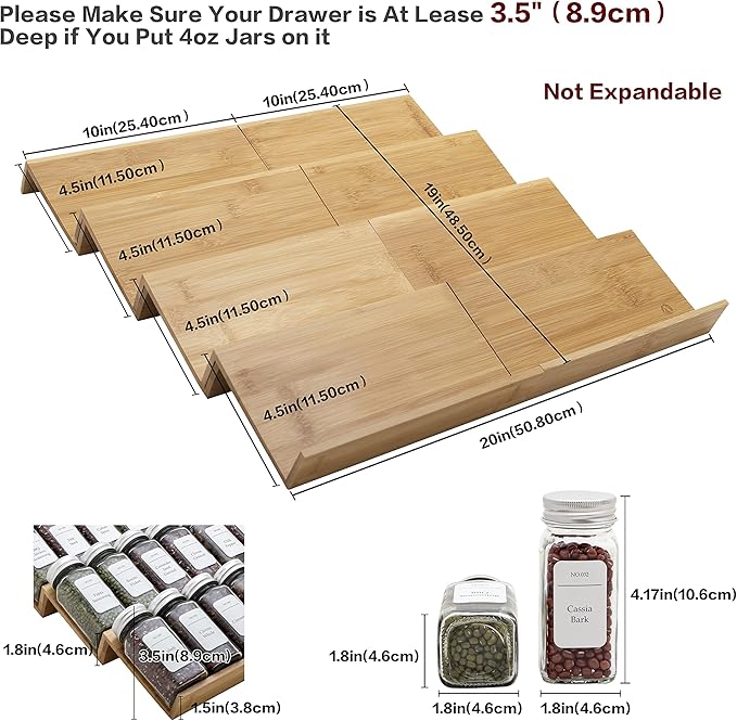 Angimio Bamboo Spice Rack Drawer Organizer - 8 Pieces Set- 10" Wide Per Piece - Combine Pieces Into 20" Wide Rack (10" or 20")