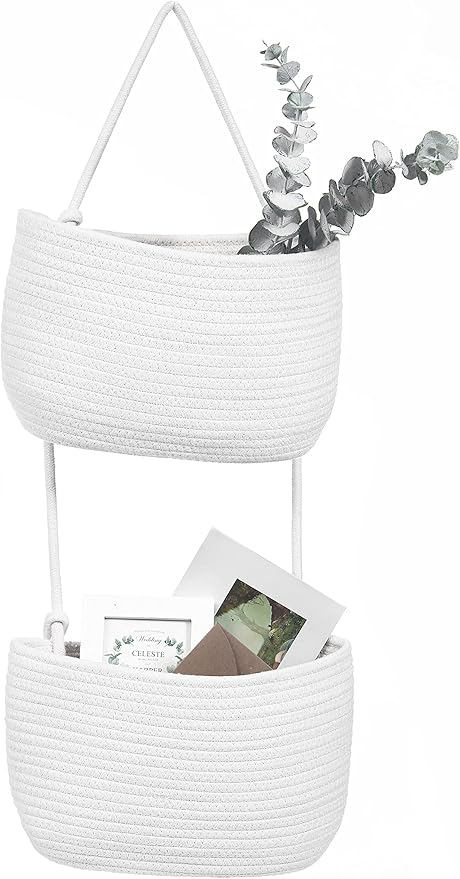 Over The Door Hanging Basket, 2 Tier Cotton Rope Woven Baskets, Magazine Racks, Wall Mount Hanging Storage Baskets,Decorative Door Organizers for Living Room, Bathroom and Bedroom (White)