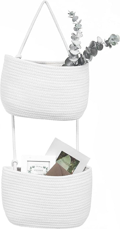 Over The Door Hanging Basket, 2 Tier Cotton Rope Woven Baskets, Magazine Racks, Wall Mount Hanging Storage Baskets,Decorative Door Organizers for Living Room, Bathroom and Bedroom (White)