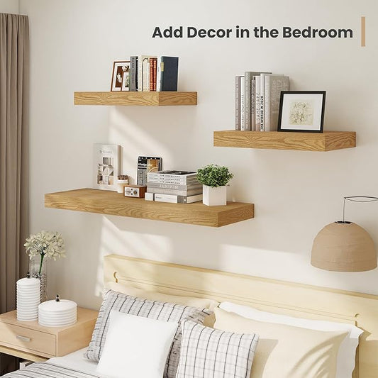 Heimlove 12" Deep Floating Shelves, 36 x 12 Inch Wall Mounted Long Floating Shelf with Invisible Brackets, for Home Decor, Bedroom, Kitchen, Living Room, Bathroom - 2 Pack, Oak
