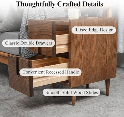 Cttasty Mid Century Modern Nightstand, Narrow Nightstand, Minimalist Side Table for Bedroom, 2-Drawer Bedside Tables (Walnut, 9.84inches)