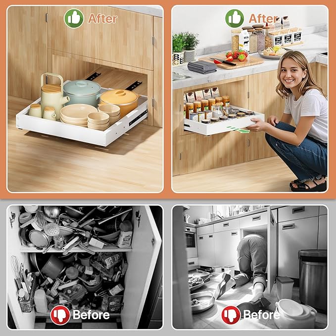 BUFOR 1 Pack Pull out Cabinet Organizer, Width (10"-16") Depth (17"-25"), with 3 Rails Adjustable Slide, Expandable Pullout Drawers for Cabinets, No Drill Adhesive Kitchen Drawers for Pantry Shelves