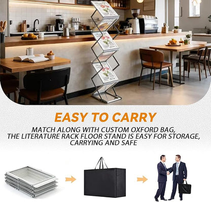 6 Pockets Aluminum Foldable Magazine Rack Floor, Brochure Magazine Display Stand, Brochure Holder, Literature Rack with Carrying Bag for Trade Shows, Exhibition, Office, Retail Store