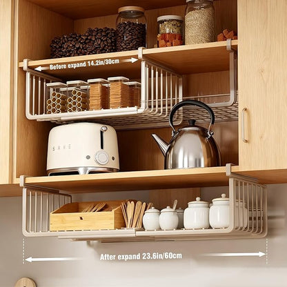 2 Pack Under Shelf Storage Basket, Extendable Under Cabinet Organizer, Pantry Organizers and Storage Hanging Rack for Kitchen Laundry Room Desk Counter Bookshelf