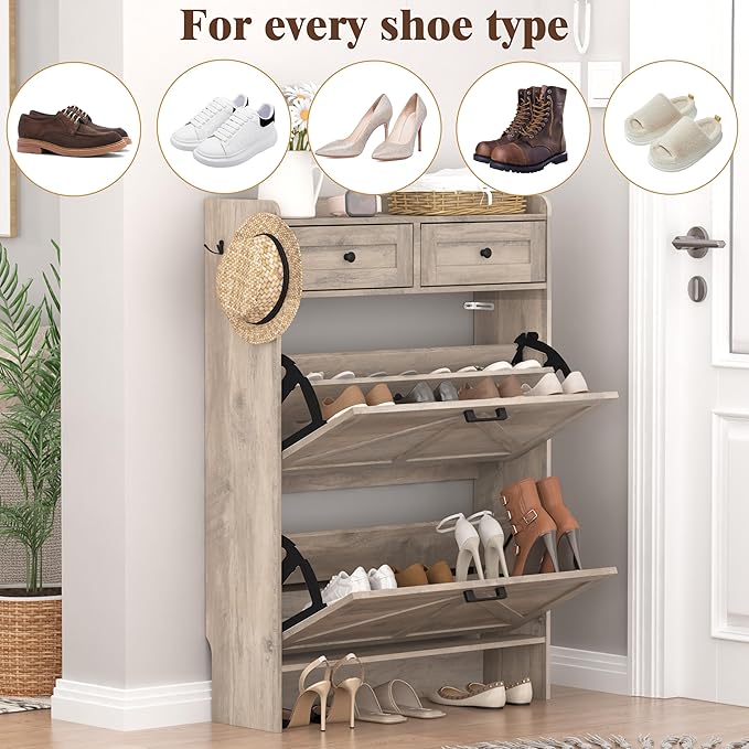 Shoe Cabinet with 2 Flip Drawers & 2 Storage Drawers, Rustic Farmhouse Narrow Shoe Organizer Cabinet, Slim Shoe Rack Cabinet, Shoe Storage Cabinet for Entryway, Hallway, Front Door