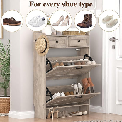 Shoe Cabinet with 2 Flip Drawers & 2 Storage Drawers, Rustic Farmhouse Narrow Shoe Organizer Cabinet, Slim Shoe Rack Cabinet, Shoe Storage Cabinet for Entryway, Hallway, Front Door