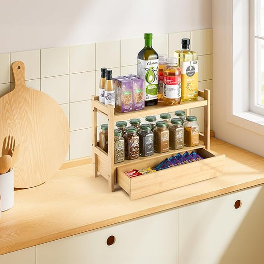 Sorbus Bamboo Bathroom Counter Organizer – 2-Tier Shelf with Hidden Drawer for Vanity, Matcha Station, Bathroom Sink Organizer Countertop, Kitchen & Office Storage (17″ L x 6.5″ W x 12.6″ H)