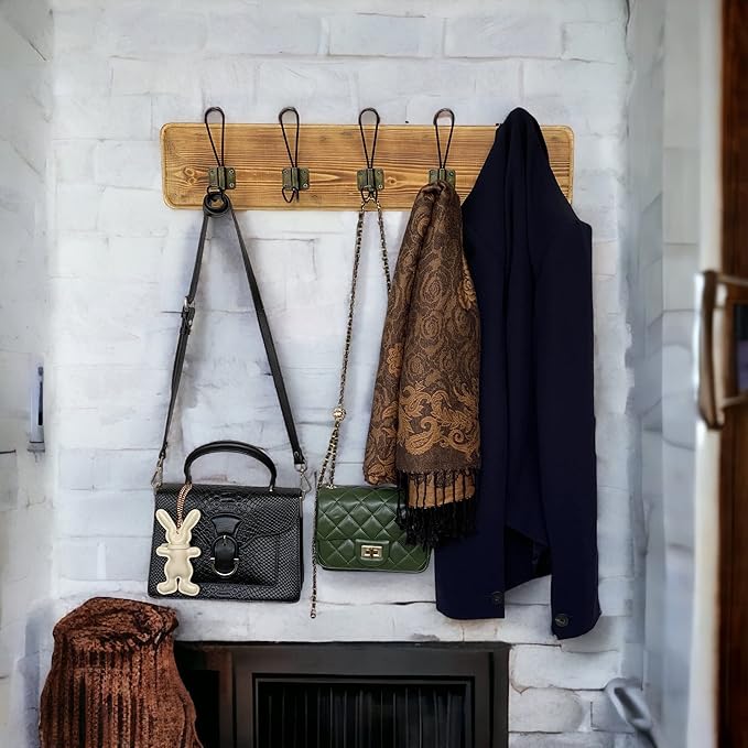 Coat Rack Wall Mount – 24” Reclaimed Burnt Pine Wood with 5 Hooks, Rustic Wooden Wall Mounted Organizer with Wall Hooks for Hanging, Farmhouse Entryway, Hallway, Bathroom, or Bedroom