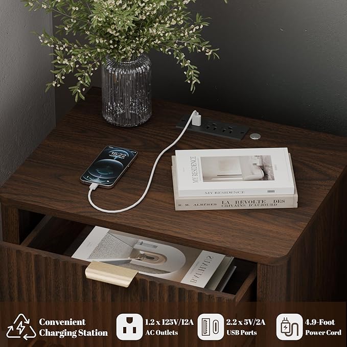 BONITURE Fluted Nightstand, Curved Night Stand with Charging Station Lighting, Wood End Table with 3 Drawers, Modern Side Table Storage Cabinet for Bedroom Office,(1, Walnut)