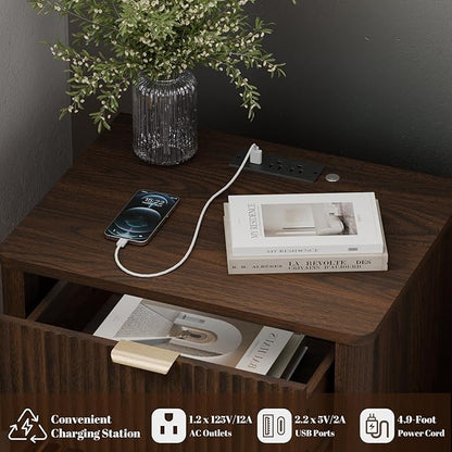 BONITURE Fluted Nightstand, Curved Night Stand with Charging Station Lighting, Wood End Table with 3 Drawers, Modern Side Table Storage Cabinet for Bedroom Office,(1, Walnut)