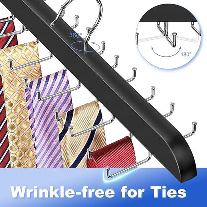 RESOVO Upgraded Tie Rack Hanger with 20 Foldable Metal Hooks, Space Saving Necktie Organizer for Men – Large Capacity Tie and Belt Wooden Hanger for Closet - Black