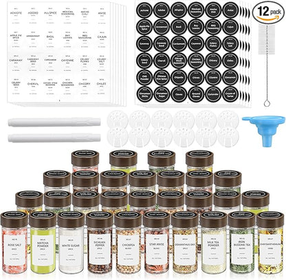 VIBRATITE 12 Pack Spice Jars with Acacia Lids, 4 oz Round Glass Jars Spice Containers Set with Labels, Pen, Funnel, Seasoning Storage Bottles with Shaker Lids for Rack, Cabinet, Drawer