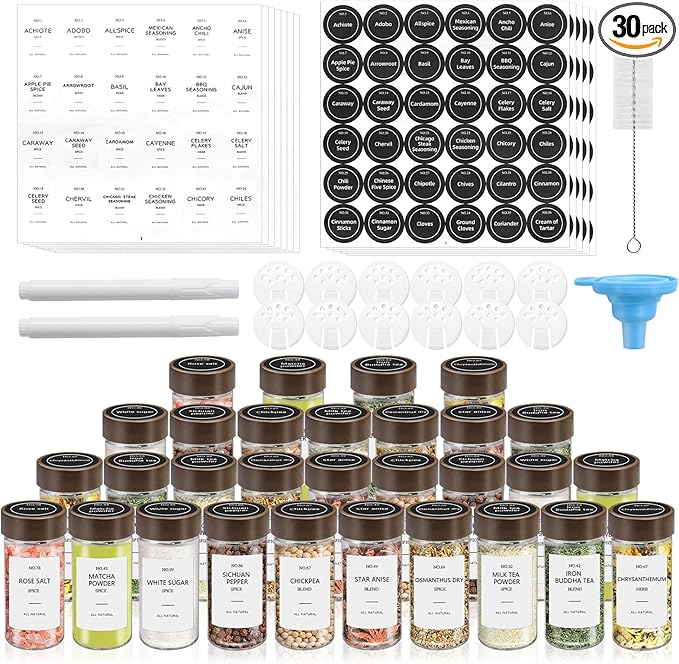 VIBRATITE 30 Pack Spice Jars with Acacia Lids, 4 oz Round Glass Jars Spice Containers Set with Labels, Pen, Funnel, Seasoning Storage Bottles with Shaker Lids for Rack, Cabinet, Drawer