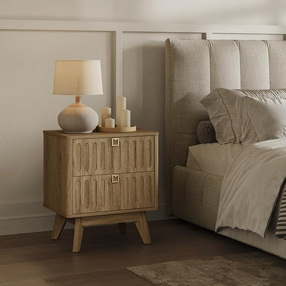 SICOTAS Modern Fluted Nightstand with 2 Drawers, 21" Wide Wood Bedside Table with Gold Handle, Mid-Century End Table for Bedroom, Apartment