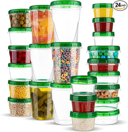 PLASTICPRO 24 Pack Twist Top Containers Assorted Sizes Plastic Food Storage Containers with Green Twist on Lids Stackable Reusable