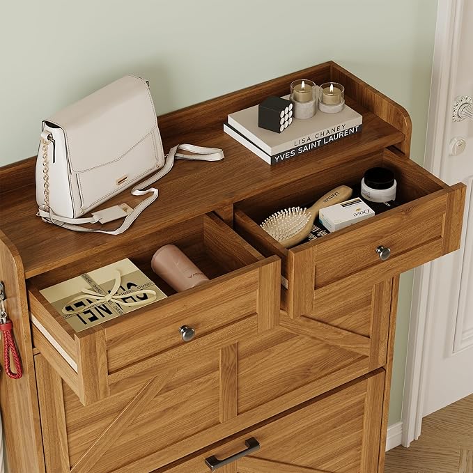 Shoe Storage Cabinet for Entryway, Farmhouse Narrow Shoe Cabinet with 2 Flip Drawers & Top Drawers, Adjustable Shelves & Hooks, Freestanding Hidden Rack Organizer for Hallway, Foyer