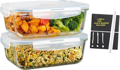 4pc Set - 8 Cup / 64oz Large Glass Food Storage Containers with Lids Airtight Meal Prep Container with Lid Lock - Freezer Microwave & Oven Safe Clear Lunch Bowl Stackable Baking Pantry Organizer
