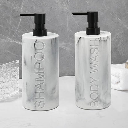 Indecor Home Marble Resin 2 Piece Shampoo and Body Wash Dispenser Set, Luxurious Refillable Pump Bottles with Matte Pump Top and Embossed Text, Durable Design for Bathroom and Shower