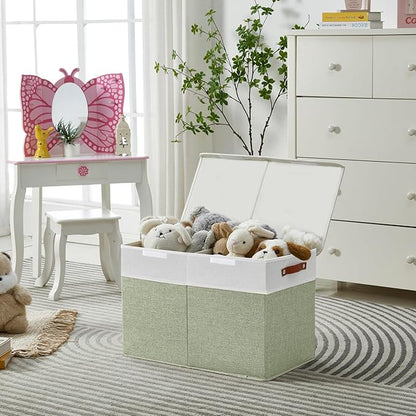 Large Toy Storage Box with Lids, Collapsible Sturdy Baby Storage Organizer Chest Bin Basket for Kids, Boys, Girls, Playroom, Nursery, Bedroom, Closet 25"x13"x16" (Green and White)