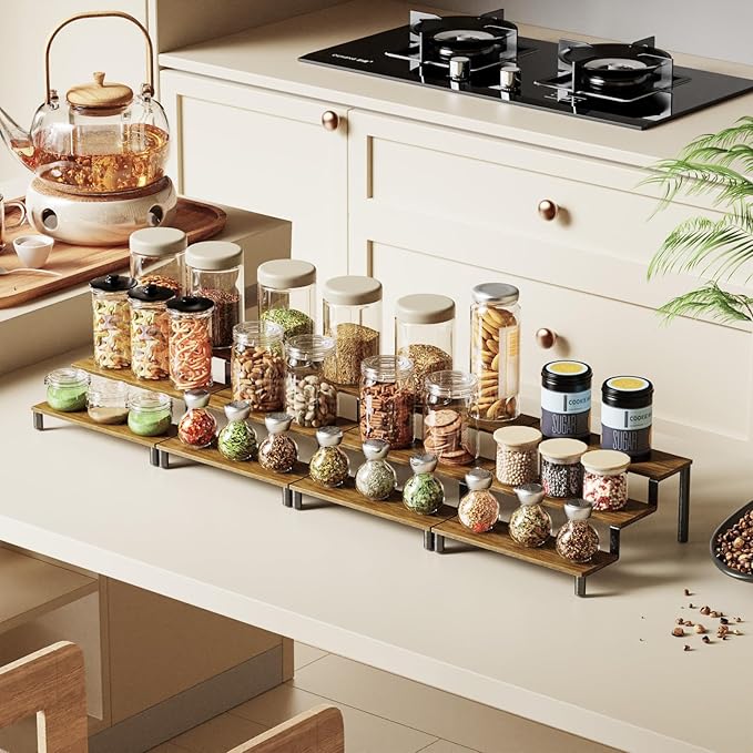 4 PCS Wooden Display Riser Stand, 3-Tier Perfume Organizer Stand, Spice Rack Organizer, Figure Stand, Coffee Syrup Rack Organizer, Home Bar Display