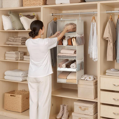 StorageWorks 5-Shelf Hanging Closet Organizers, Foldable Closet Storage Organizer with 2 Side Pockets, Portable Hanging Shelves for Clothes, Sweater, 13" D x 15" W x 47 ¾" H, White & Ivory