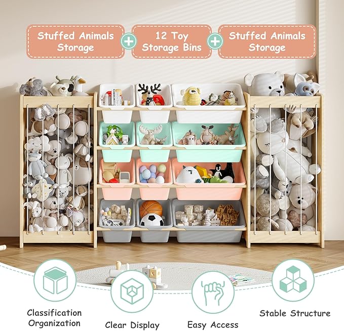 Large Toy Storage Organizer, Wooden Stuffed Animal Storage & 12-Bins Toy Organizer, Double-Sided Plush Toy Holder Featuring Thicker Ropes, Space Save Playroom Nursery Bedroom Storage, Multi