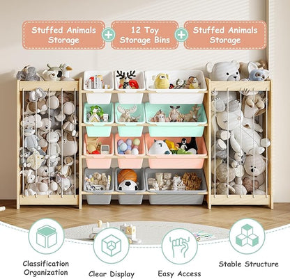 Large Toy Storage Organizer, Wooden Stuffed Animal Storage & 12-Bins Toy Organizer, Double-Sided Plush Toy Holder Featuring Thicker Ropes, Space Save Playroom Nursery Bedroom Storage, Multi