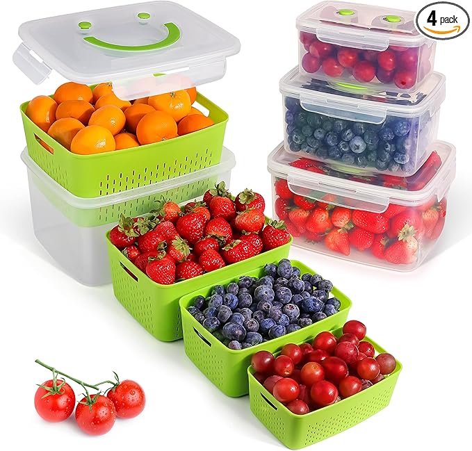 Built-Way Fruit Storage Smiley Containers for Fridge - Keep Fresh with BPA-Free Lids - Ideal Vegetable & Berry Organizer - 4 Pack Dishwasher Safe Produce Saver - Stackable Containers with Drain Tray