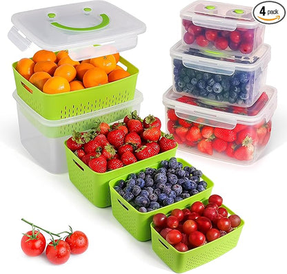 Built-Way Fruit Storage Smiley Containers for Fridge - Keep Fresh with BPA-Free Lids - Ideal Vegetable & Berry Organizer - 4 Pack Dishwasher Safe Produce Saver - Stackable Containers with Drain Tray