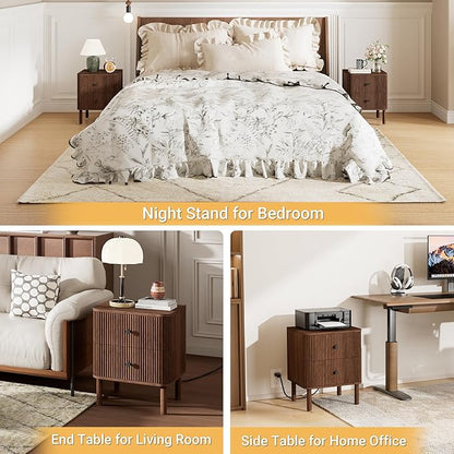 FavourLife Night Stand Set of 2 with Charging Station, 18" Fluted Nightstand with Rounded Corners & Solid Wood Legs, 2 Drawers End Table, Mid Century Modern Bedside Table for Bedroom, Walnut