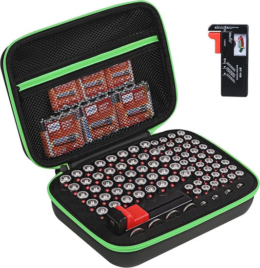 Battery Organizer Storage Case with Tester for AA AAA Button Battery Holder Carrying 3 Batteries Variety Pack 88 Batteries Zipper Mesh Bag (Batteries Not Included) (black-green)