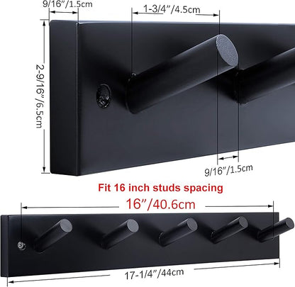 WEBI Coat Rack Wall Mounted,16" Hole to Hole,Coat Hanger Wall Mount with 5 Hooks for Hanging Coats,Hook Rack Peg Rail for Hats,Jacket,Clothes,Towels,Black,2 Packs