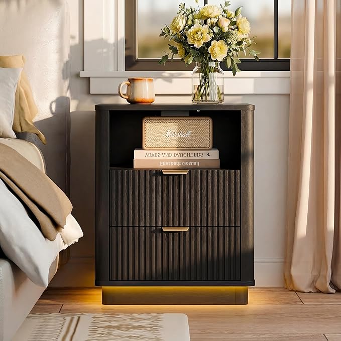 BONITURE Led Fluted Nightstand, Smart Curved Night Stand with Charging Station Lighting, Wood End Table with 2 Drawers, Modern Side Table Storage Cabinet for Bedroom Office,(1, Black)