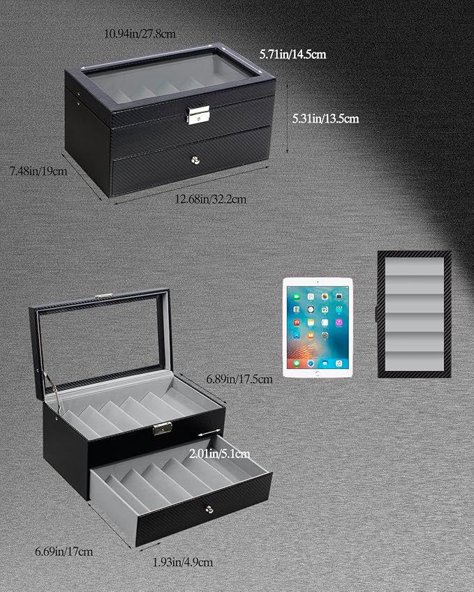 GUKA 2-layer Sunglasses Storage Organizer, 12 Slots Leather Sunglass Box Multiple Pairs Eyeglass Display Case for Women Men, Gift Idea (Black+Grey)