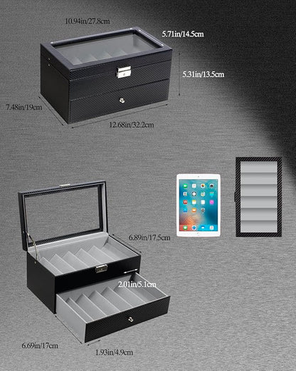 GUKA 2-layer Sunglasses Storage Organizer, 12 Slots Leather Sunglass Box Multiple Pairs Eyeglass Display Case for Women Men, Gift Idea (Black+Grey)