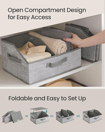 SONGMICS Set of 6 Storage Baskets, Foldable Storage Bins with Removable Dividers, Fabric Boxes, 15.7 x 11.8 x 7.9 Inches, Closet Organizers, 3 Handles, for Living Room, Cattail Gray URFB0140G01