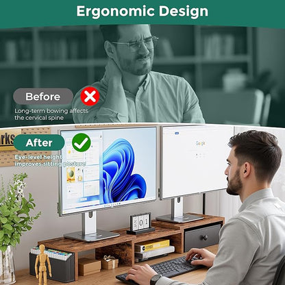Dual Monitor Stand Riser, Adjustable Length & Swivel Angle Monitor Stand, Ergonomic Monitor Stand with Drawer & Side Pockets, Desktop Organizer and Office Desk Accessories, Rustic Brown