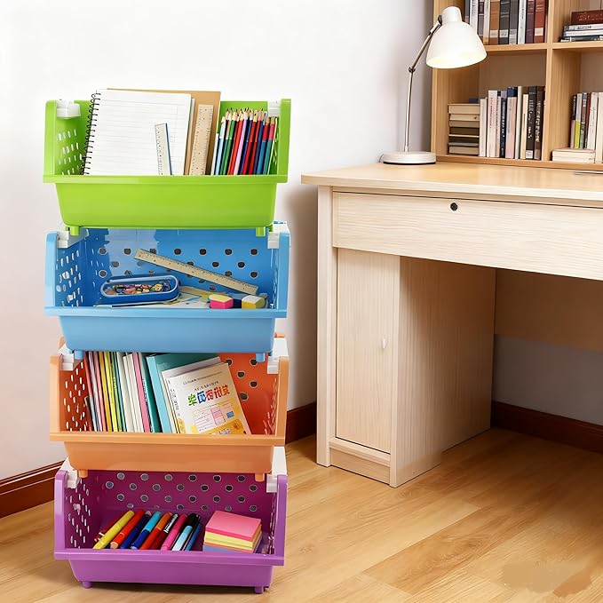 Stackable Storage Bins for Pantry, 4-Pack Open Front Stacking Basket, Muti-Purpose Organizer for Vegetable Fruit