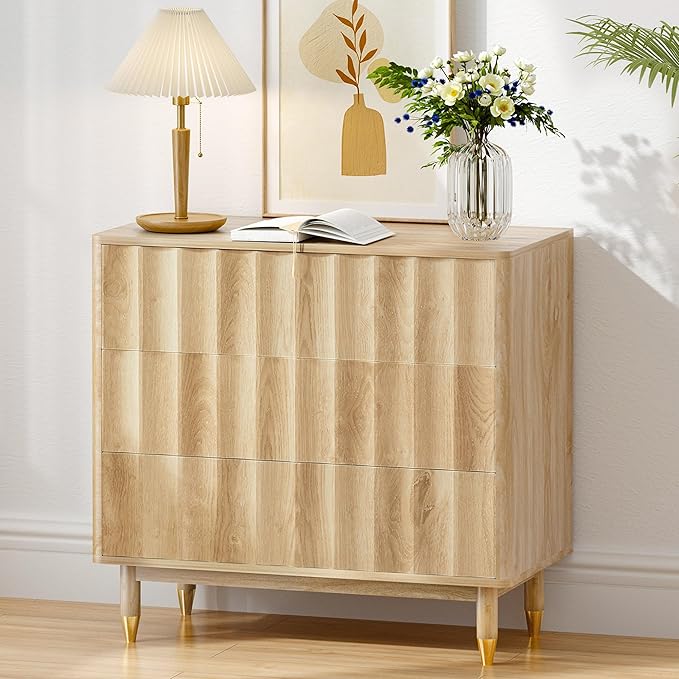 Bifins Fluted 3 Drawer Dresser, 31.5" Wide Modern Storage Chest of Drawers, Wood Drawer Organizer for Bedroom, Living Room, Hallway