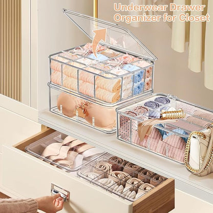 2pcs Sock Underwear Organizer, 16 Compartment Adjustable Dividers Bras Socks Underwear Drawer Organizers for Closet, Clear Plastic Storage Containers Box with Lids for Ties Bra Scarf Socks