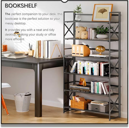 4NM Extra Wide 6 Tiers No Assembly Book Shelves, 61.8" H Folding Bookshelf Bookcase Open Industrial Foldable Shelves for Bedroom, Living Room, Home Office - All Black