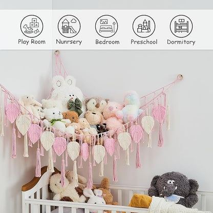Pretty Jolly Stuffed Animal Storage with Hand Woven Leaf Tassels Hammock Corner Hanging Net Boho Macrame Plush Storage for Kid Room Nursery Wall Display Organizer for Girls Boy Gift(Light Pink)