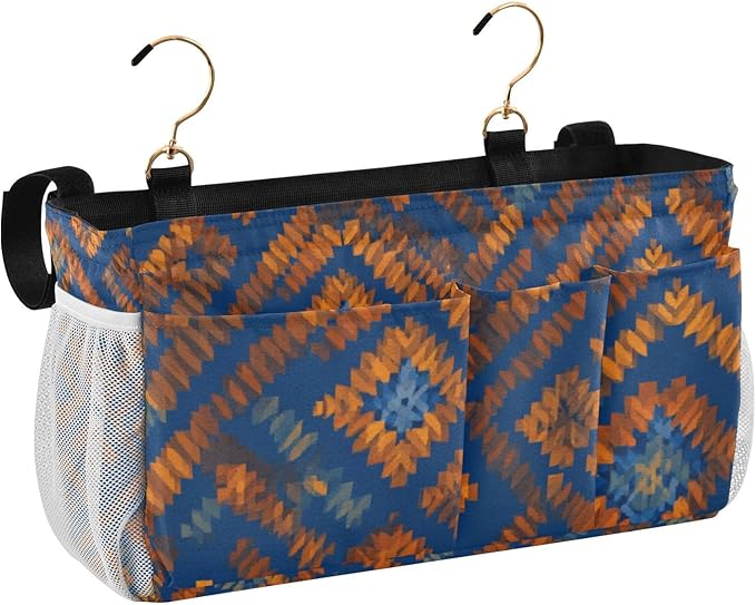 CuwrYet Bedside Caddy Hanging Bunk Bed Caddy Bed Organizer Hanging Pocket with 2 Hooks Bedside Storage Organizer Pocket Bag Holder Blue Orange Diamond Tie-dye