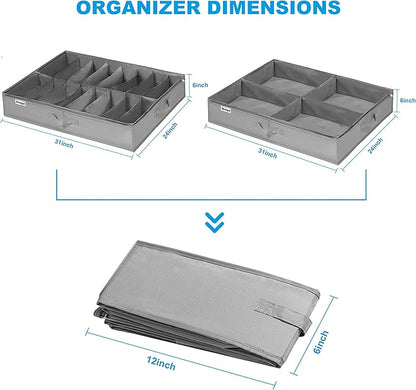 Under Bed Shoe Storage Organizer Set of 2, Fits 16+4 Pairs Boots Total, Underbed Shoe Box Storage Containers w/ Reinforced Handles, Clear Foldable Shoes Organizer Adjustable Dividers w/ Bottom Support
