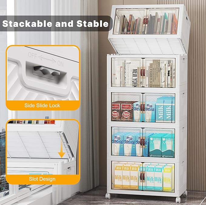 Extra Large Stackable Storage Bins, Lockable Storage Bins with Lids, Folding Storage box with Doors and Wheels, Collapsible Plastic Drawers for Home, Garage, Office (5, White, Medium)