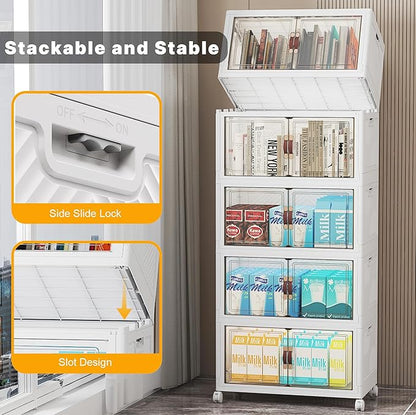 Extra Large Stackable Storage Bins, Lockable Storage Bins with Lids, Folding Storage box with Doors and Wheels, Collapsible Plastic Drawers for Home, Garage, Office (5, White, Medium)